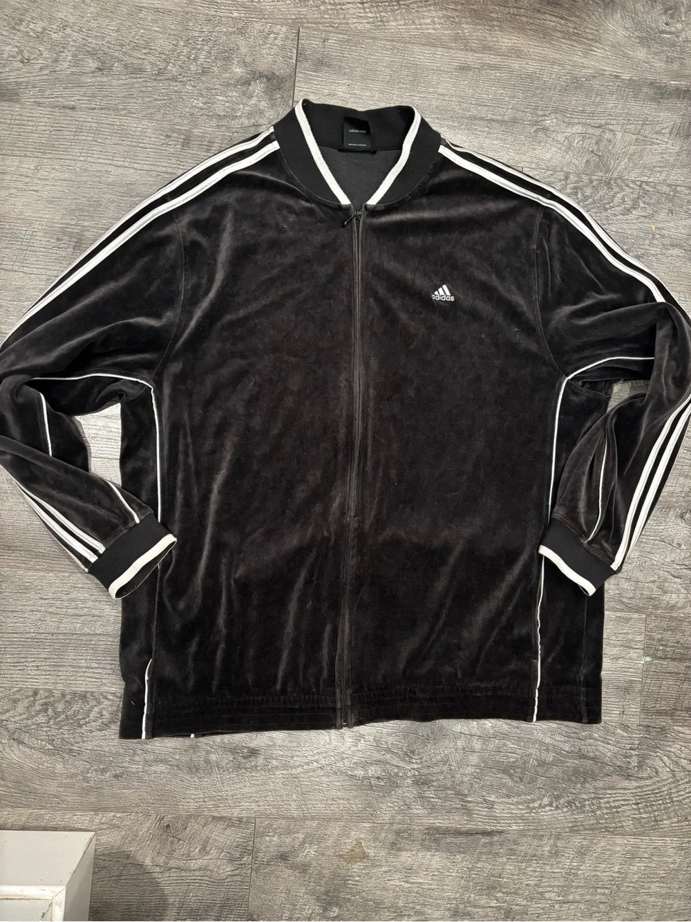 Vintage 2006 adidas Black Velour Zip-Front Track Jacket with White Stripes
